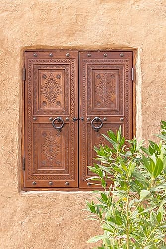 Diriyah, Riyadh, Saudi Arabia. Carved wooden window shutters in the Diriyah area of Riyadh. Nature Print